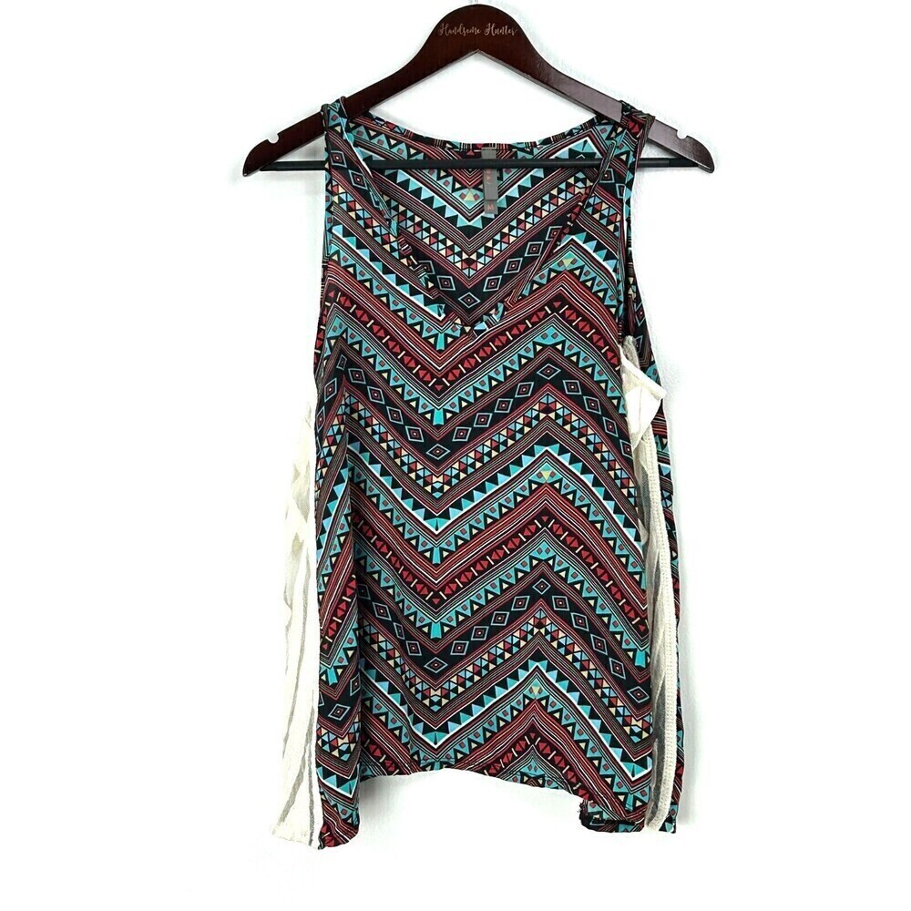 Jesse & J Women Size M Tank Top V Neckline Aztec Southwestern Flowy Lace H4